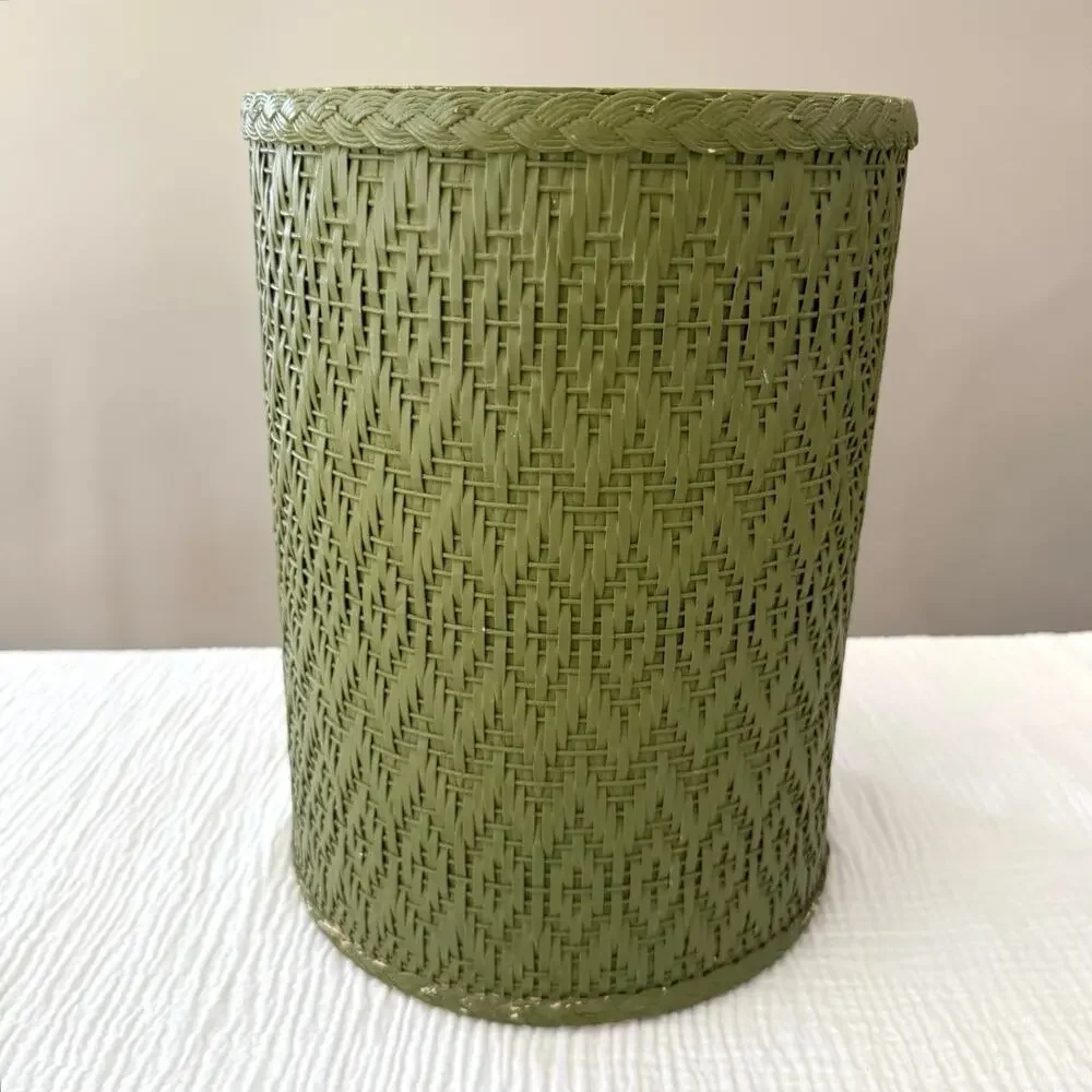 Vintage Trash Can Avocado Green Wicker Woven Round Cylinder 13 x 9 Cottage Farm